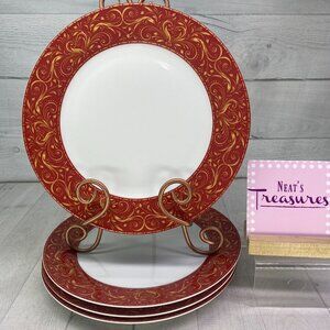 Chris Madden JC Penny MONTALIRA RED Gold Scroll Porcelain Dinner Plate Set 4